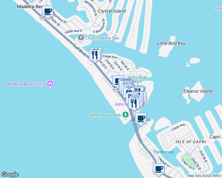 map of restaurants, bars, coffee shops, grocery stores, and more near 13137 Gulf Lane in Madeira Beach