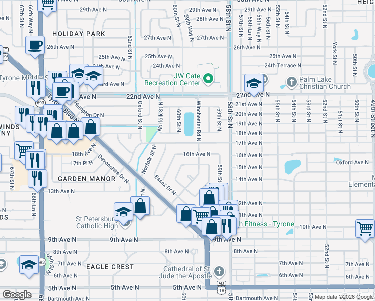map of restaurants, bars, coffee shops, grocery stores, and more near 6027 16th Ave N in St Petersburg