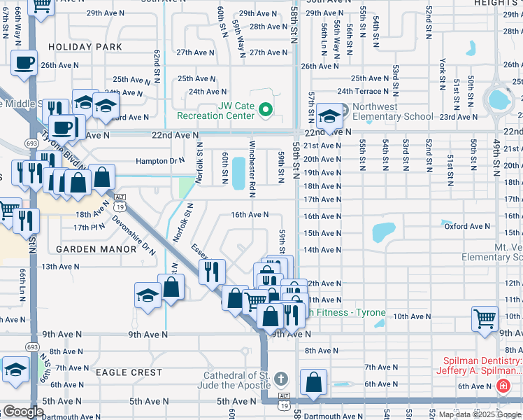 map of restaurants, bars, coffee shops, grocery stores, and more near 5941 16th Avenue North in St. Petersburg