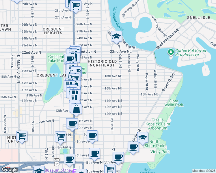 map of restaurants, bars, coffee shops, grocery stores, and more near 145 16th Avenue Northeast in St. Petersburg