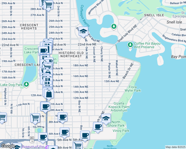 map of restaurants, bars, coffee shops, grocery stores, and more near 355 16th Avenue Northeast in St. Petersburg