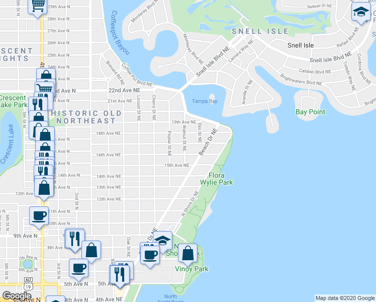 map of restaurants, bars, coffee shops, grocery stores, and more near 705 16th Avenue Northeast in Saint Petersburg