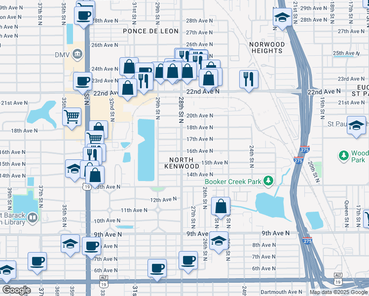 map of restaurants, bars, coffee shops, grocery stores, and more near 2749 16th Avenue North in St. Petersburg