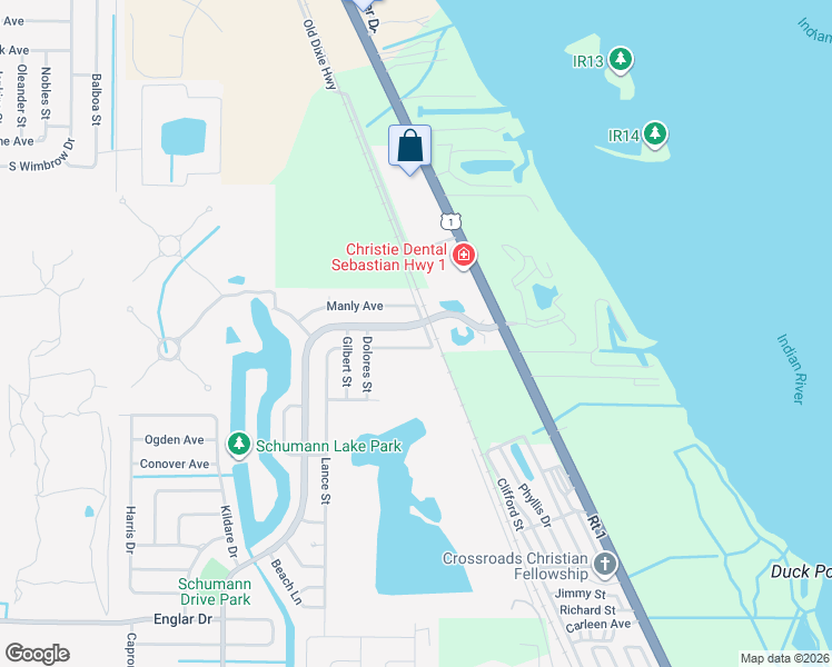 map of restaurants, bars, coffee shops, grocery stores, and more near 727 Schumann Drive in Sebastian