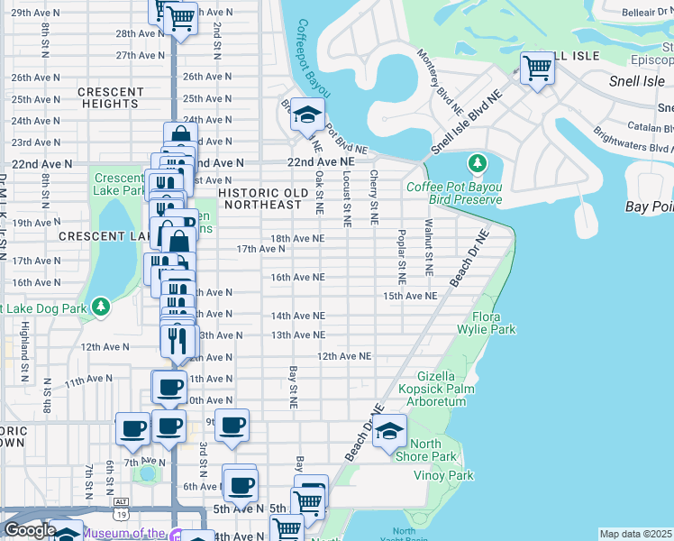 map of restaurants, bars, coffee shops, grocery stores, and more near 355 16th Avenue Northeast in St. Petersburg