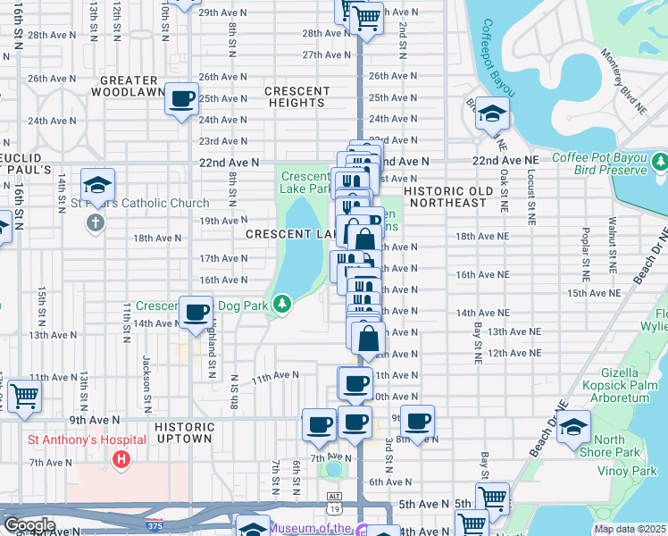 map of restaurants, bars, coffee shops, grocery stores, and more near 1527 5th Street North in St. Petersburg