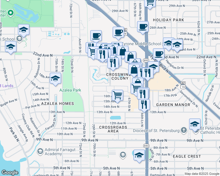 map of restaurants, bars, coffee shops, grocery stores, and more near 1641 68th Way North in St. Petersburg