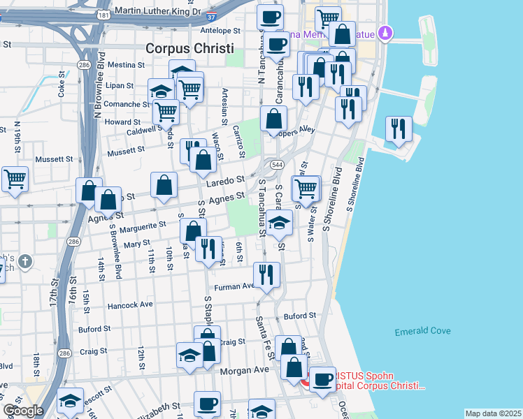 map of restaurants, bars, coffee shops, grocery stores, and more near 513 South Carancahua Street in Corpus Christi