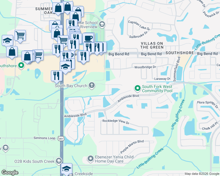 map of restaurants, bars, coffee shops, grocery stores, and more near 10911 Banyan Wood Way in Riverview