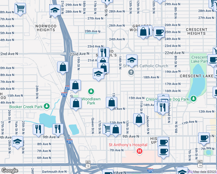 map of restaurants, bars, coffee shops, grocery stores, and more near 1605 16th Street North in Saint Petersburg