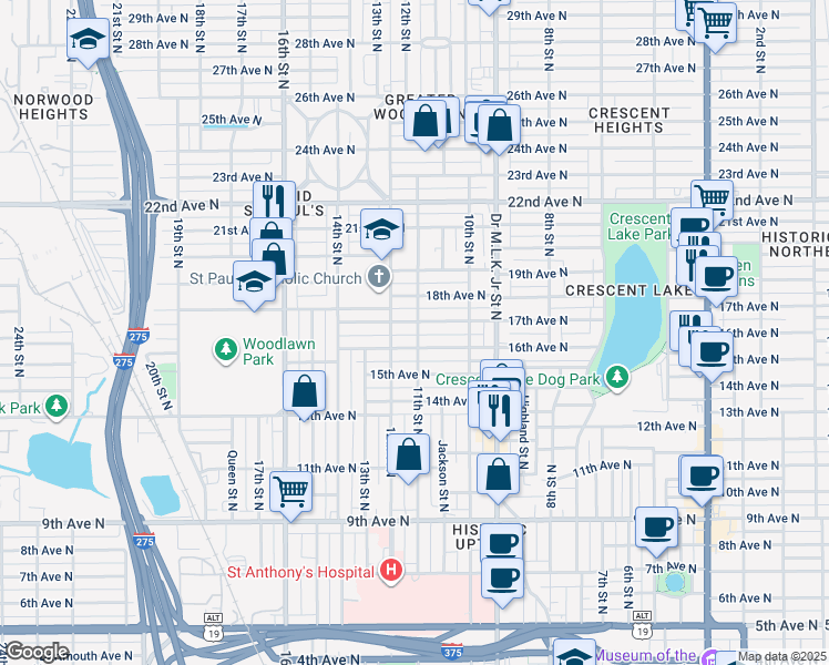 map of restaurants, bars, coffee shops, grocery stores, and more near 1616 11th Street North in St. Petersburg