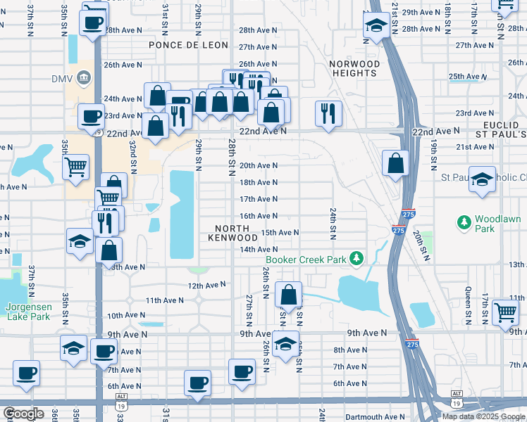 map of restaurants, bars, coffee shops, grocery stores, and more near 2601 16th Avenue North in St. Petersburg