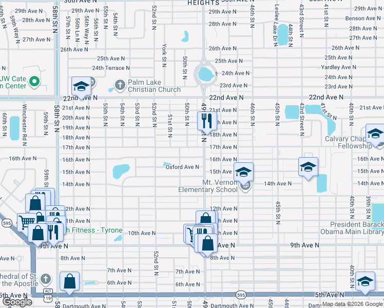 map of restaurants, bars, coffee shops, grocery stores, and more near 4943 16th Avenue North in St. Petersburg