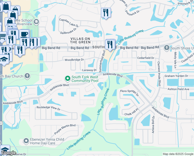 map of restaurants, bars, coffee shops, grocery stores, and more near 11218 Summer Star Drive in Riverview