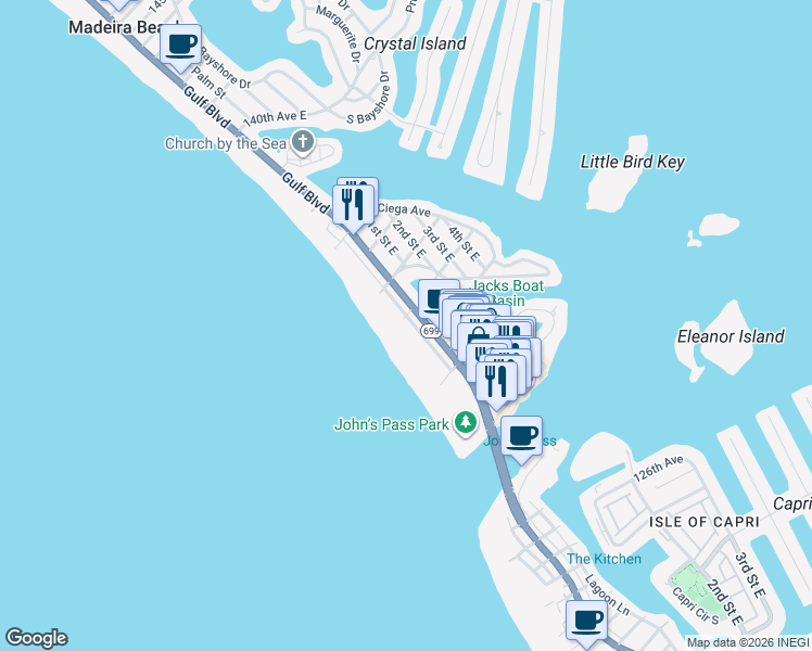 map of restaurants, bars, coffee shops, grocery stores, and more near 13195 Gulf Lane in Madeira Beach