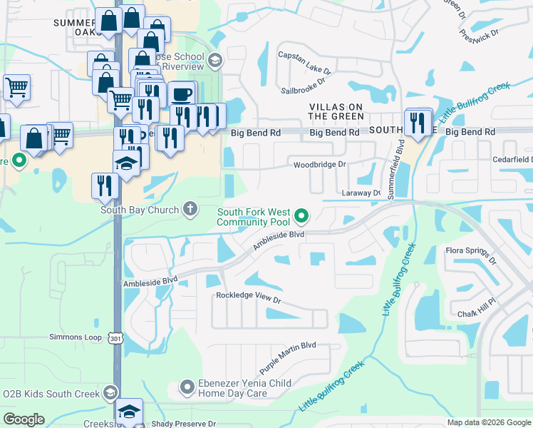 map of restaurants, bars, coffee shops, grocery stores, and more near 10929 Banyan Wood Way in Riverview
