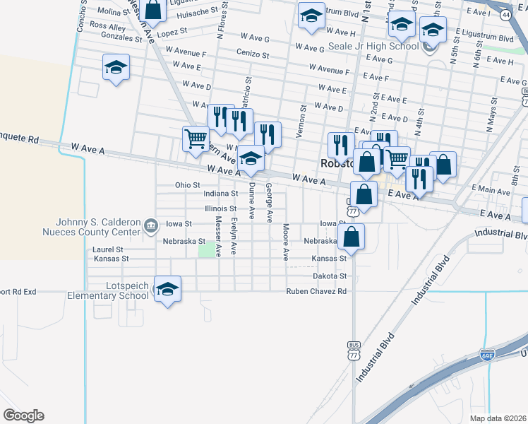 map of restaurants, bars, coffee shops, grocery stores, and more near 604 Illinois Street in Robstown