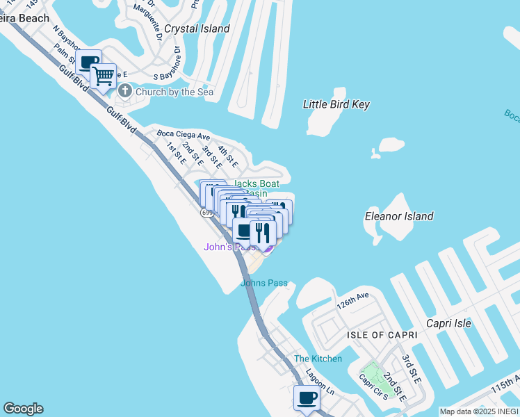 map of restaurants, bars, coffee shops, grocery stores, and more near 520 129th Avenue East in Madeira Beach