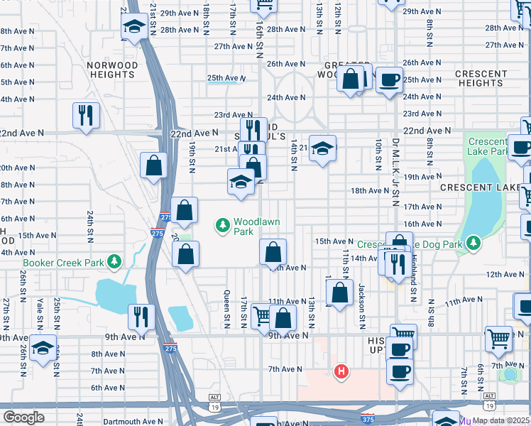 map of restaurants, bars, coffee shops, grocery stores, and more near 1601 16th Street North in St. Petersburg
