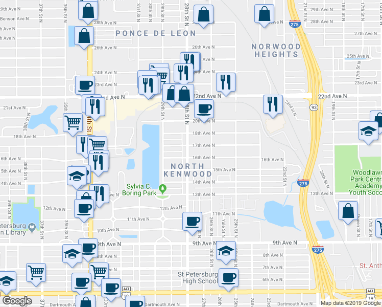 map of restaurants, bars, coffee shops, grocery stores, and more near 2749 16th Avenue North in St. Petersburg