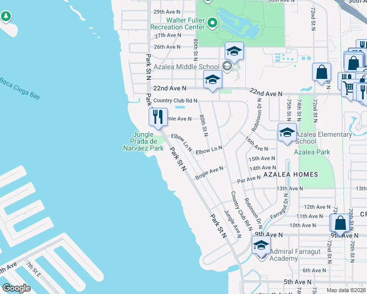 map of restaurants, bars, coffee shops, grocery stores, and more near 8052 Elbow Lane North in St. Petersburg