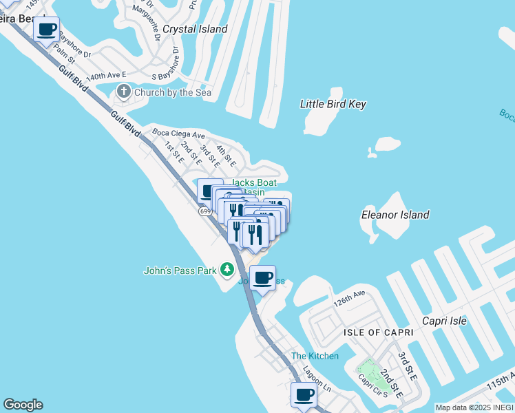 map of restaurants, bars, coffee shops, grocery stores, and more near 520 129th Avenue East in Madeira Beach