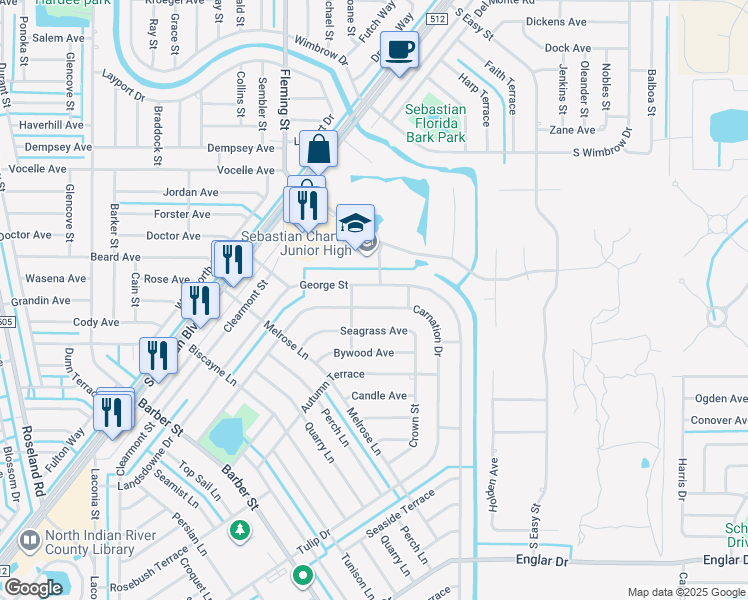 map of restaurants, bars, coffee shops, grocery stores, and more near 771 Carnation Drive in Sebastian