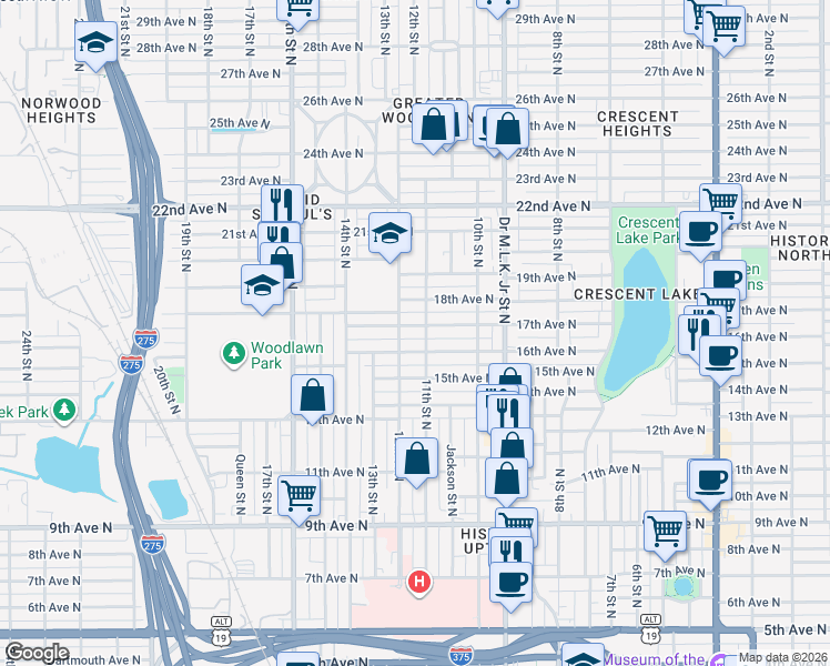 map of restaurants, bars, coffee shops, grocery stores, and more near 1616 11th Street North in St. Petersburg