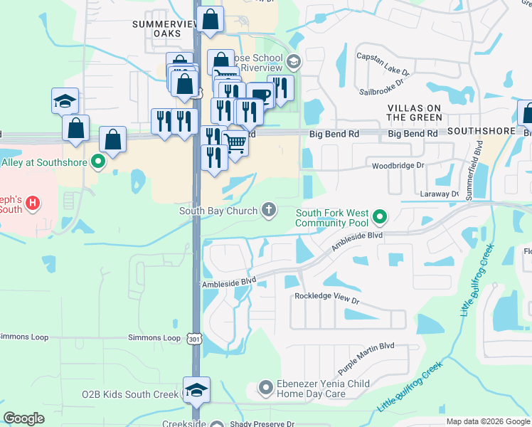 map of restaurants, bars, coffee shops, grocery stores, and more near Banyan Wood Way in Riverview