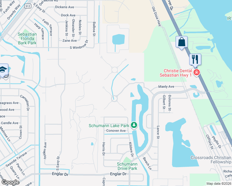 map of restaurants, bars, coffee shops, grocery stores, and more near 110 Wood Stork Way in Sebastian