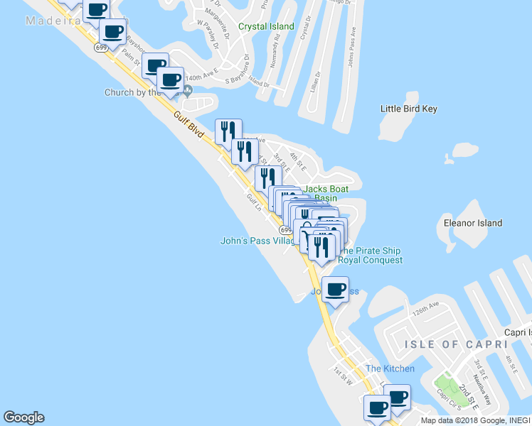 map of restaurants, bars, coffee shops, grocery stores, and more near 13142 Gulf Lane in Madeira Beach