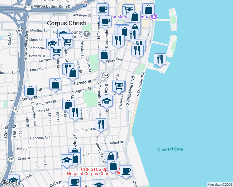 map of restaurants, bars, coffee shops, grocery stores, and more near 520 South Chaparral Street in Corpus Christi