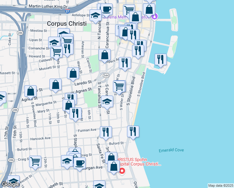 map of restaurants, bars, coffee shops, grocery stores, and more near 555 South Shoreline Boulevard in Corpus Christi