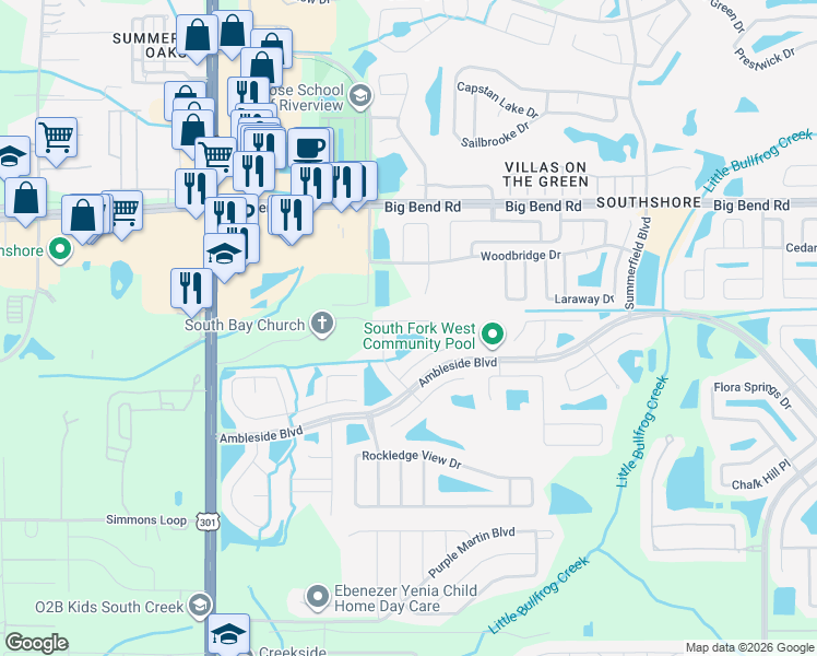 map of restaurants, bars, coffee shops, grocery stores, and more near 10915 Banyan Wood Way in Riverview