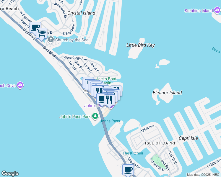 map of restaurants, bars, coffee shops, grocery stores, and more near 520 129th Avenue East in Madeira Beach