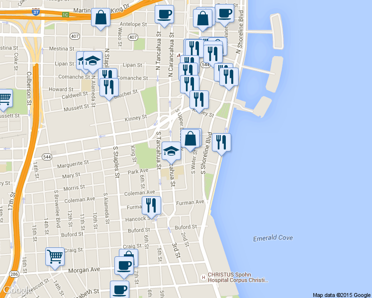 map of restaurants, bars, coffee shops, grocery stores, and more near 555 South Shoreline Boulevard in Corpus Christi