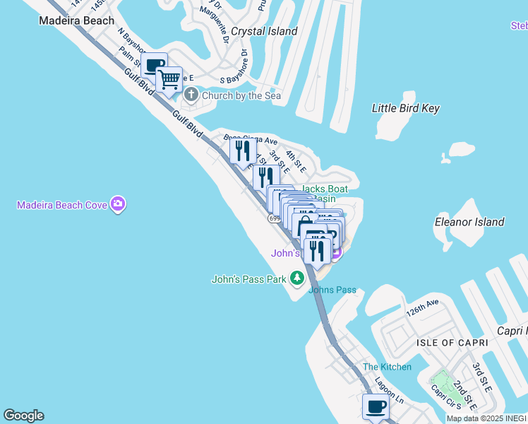 map of restaurants, bars, coffee shops, grocery stores, and more near 13142 Gulf Lane in Madeira Beach