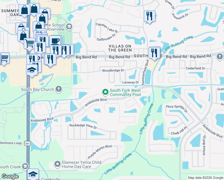 map of restaurants, bars, coffee shops, grocery stores, and more near 11008 Silver Dancer Drive in Riverview