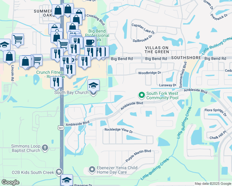 map of restaurants, bars, coffee shops, grocery stores, and more near 10911 Banyan Wood Way in Riverview