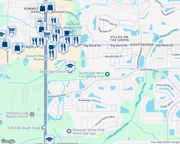 map of restaurants, bars, coffee shops, grocery stores, and more near 10917 Banyan Wood Way in Riverview