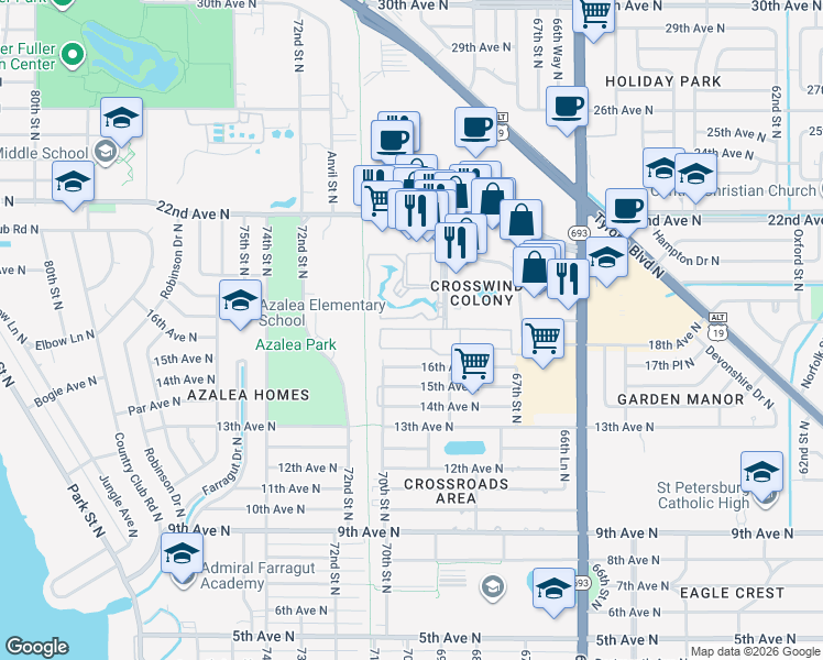 map of restaurants, bars, coffee shops, grocery stores, and more near 6880 16th Place North in St. Petersburg
