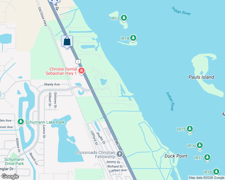 map of restaurants, bars, coffee shops, grocery stores, and more near 6165 South Mirror Lake Drive in Sebastian