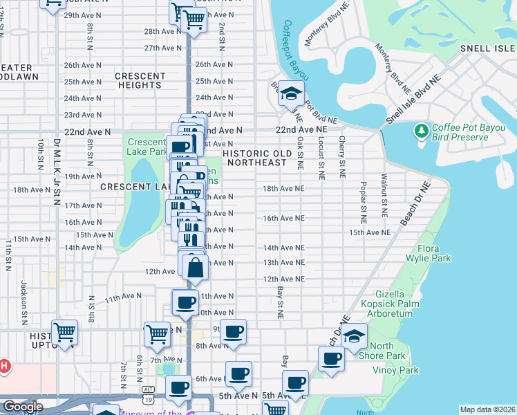 map of restaurants, bars, coffee shops, grocery stores, and more near 145 16th Avenue Northeast in St. Petersburg