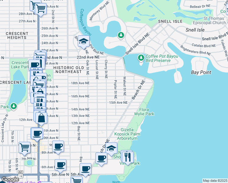 map of restaurants, bars, coffee shops, grocery stores, and more near 605 16th Avenue Northeast in St. Petersburg