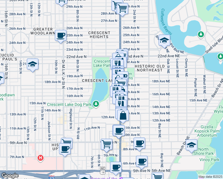 map of restaurants, bars, coffee shops, grocery stores, and more near 1527 5th Street North in St. Petersburg