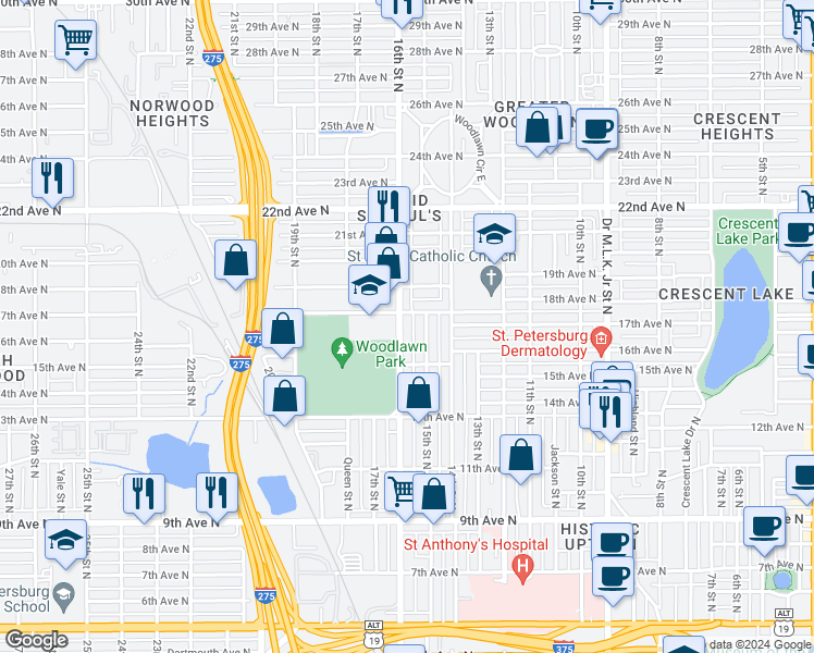 map of restaurants, bars, coffee shops, grocery stores, and more near 1601 16th Street North in St. Petersburg