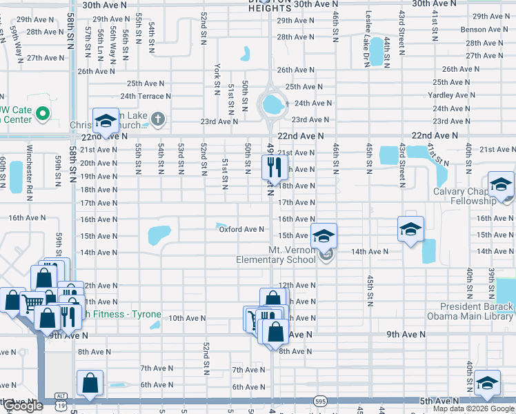 map of restaurants, bars, coffee shops, grocery stores, and more near 4943 16th Avenue North in St. Petersburg