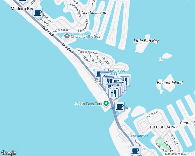map of restaurants, bars, coffee shops, grocery stores, and more near 13101 Gulf Boulevard in Madeira Beach