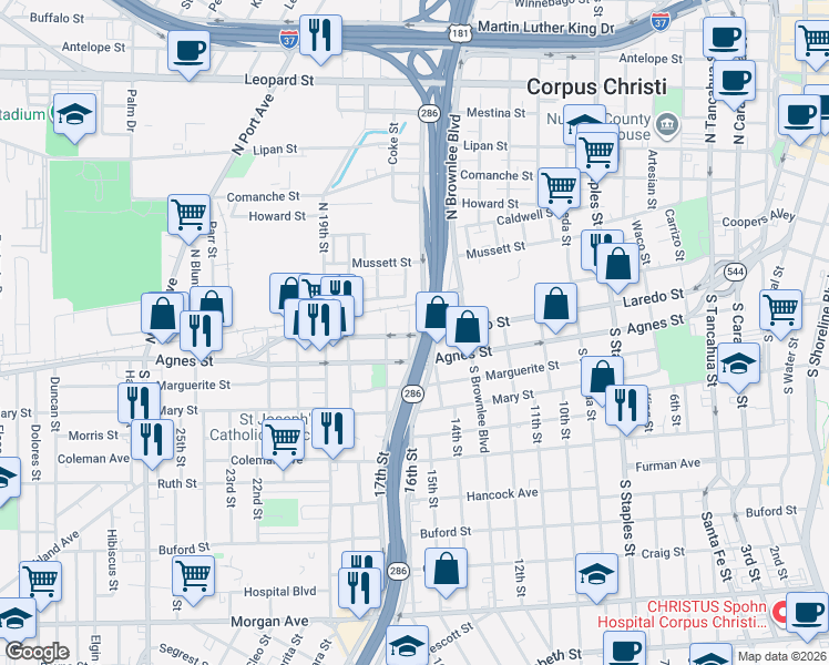 map of restaurants, bars, coffee shops, grocery stores, and more near 304 16th Street in Corpus Christi