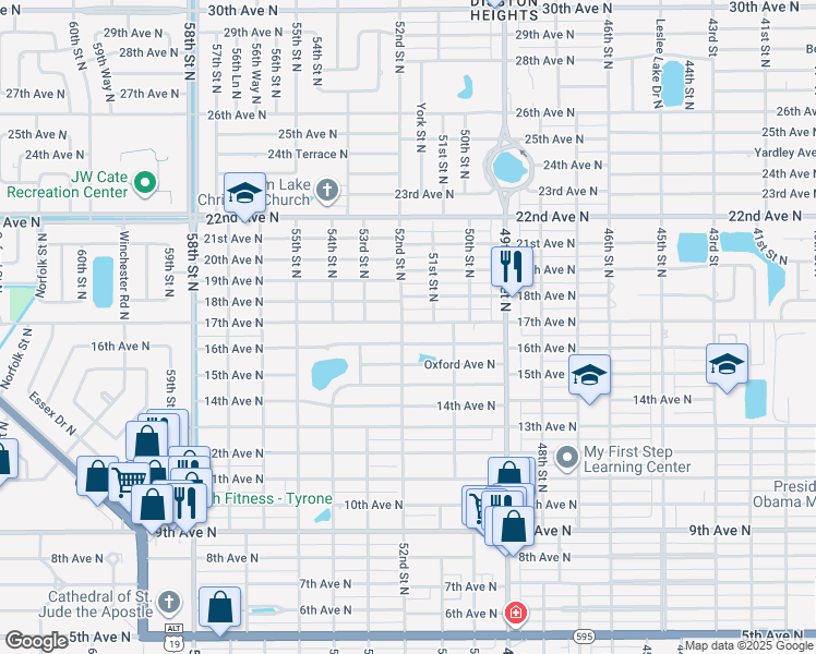 map of restaurants, bars, coffee shops, grocery stores, and more near 1611 52nd Street North in St. Petersburg